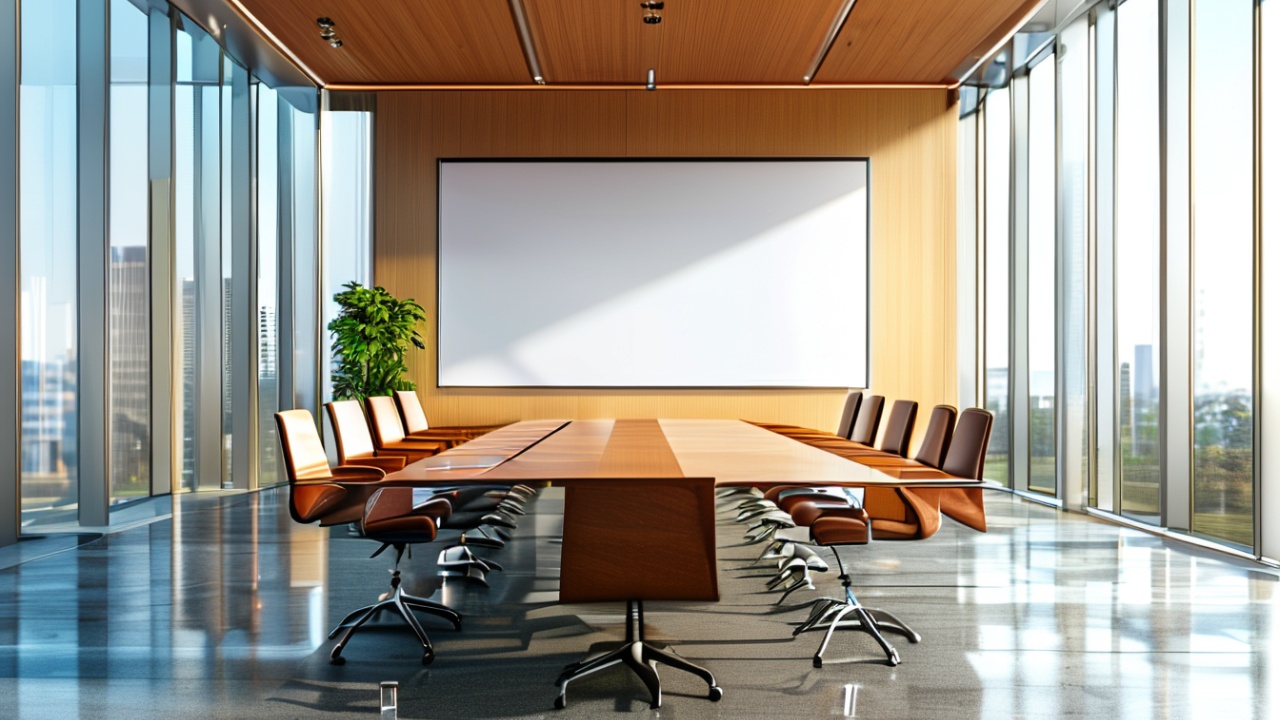 Sala de reunioes vazia com mesa e cadeiras organizadas