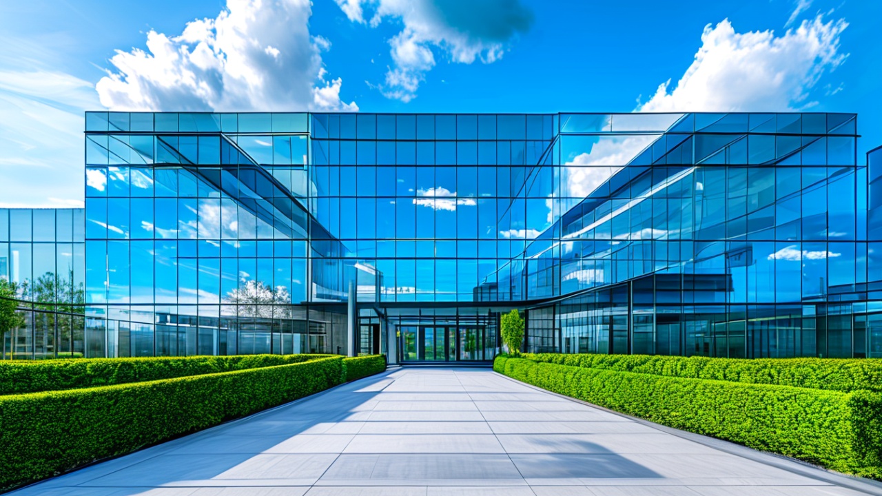Exterior de edificio comercial moderno com fachada de vidro