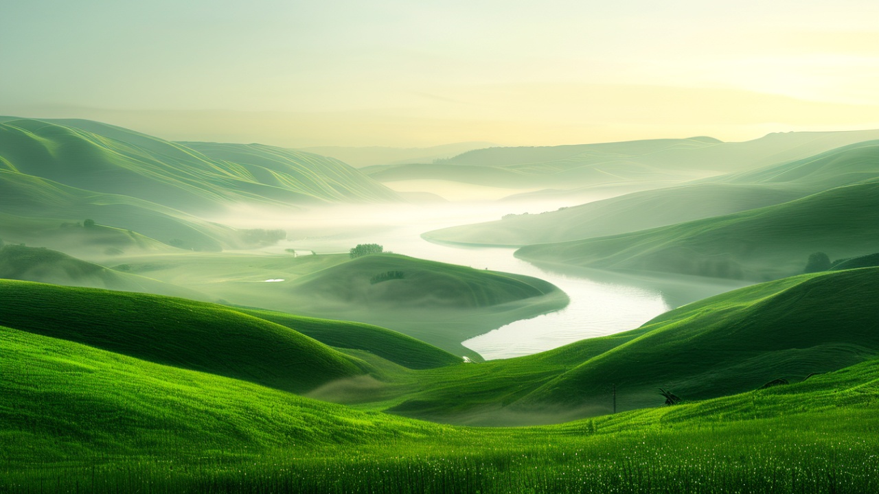 Paisagem de vale verde com colinas ao amanhecer