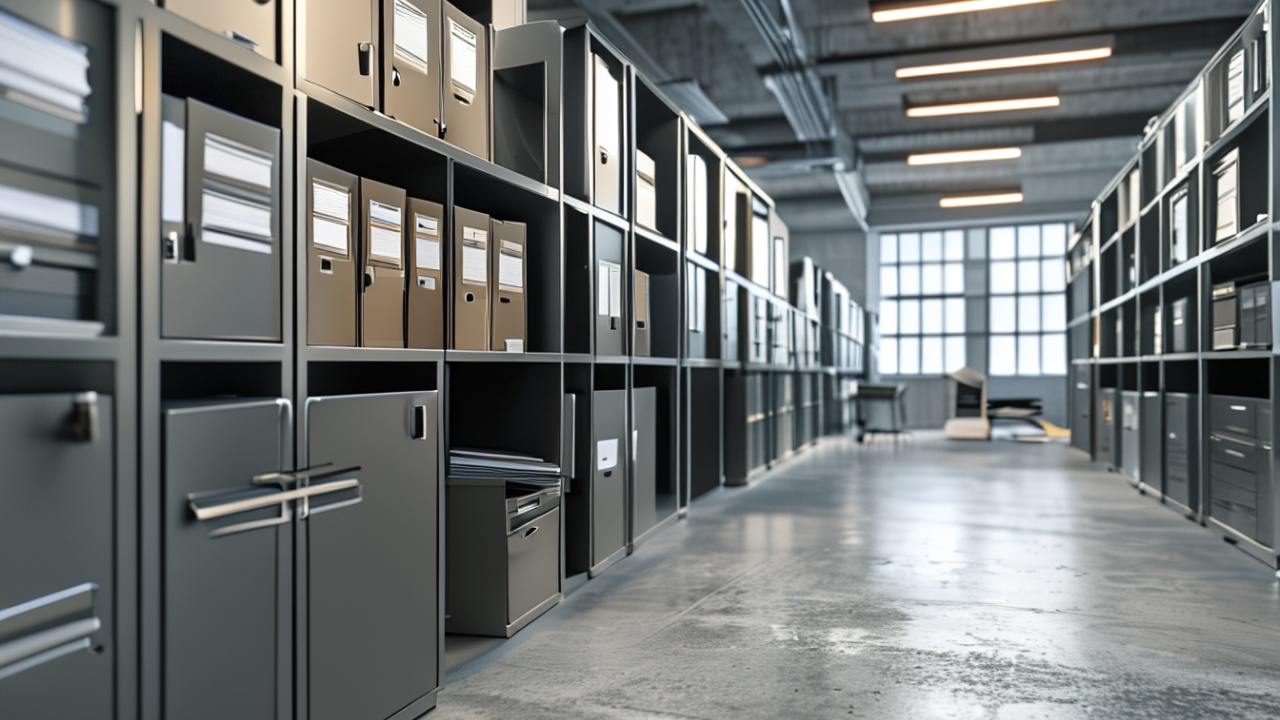 Armarios de arquivo metalicos em sala iluminada